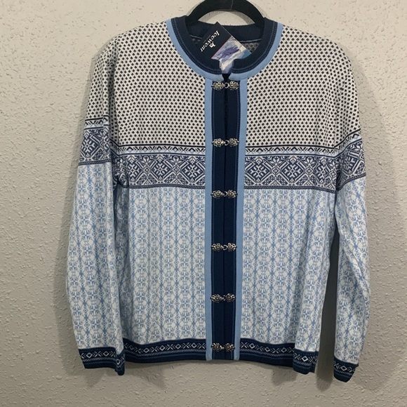 Icewear Iceland CardiganWhite Blue Nordic Sweater 100% Cotton NWT size L - Picture 1 of 12